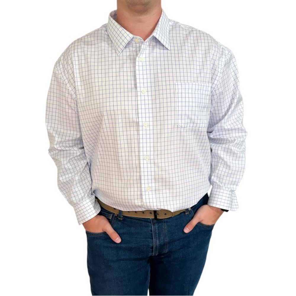 Pronto Uomo Men’s Button Down Long Sleeve Dress Shirt White Blue Plaid Stripe